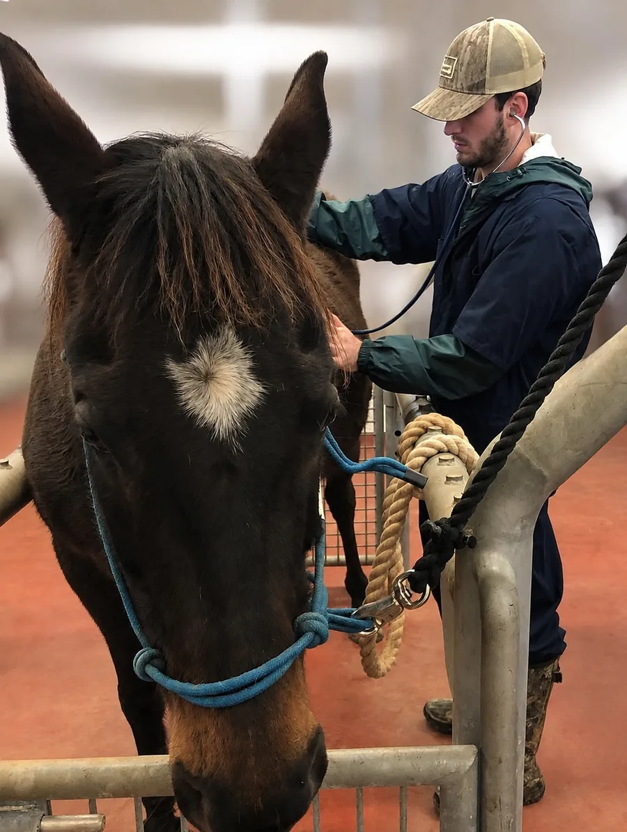 Dr. Harlan listening to a horse with a stethoscope