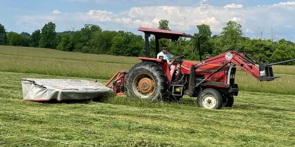 Dr. Harris mowing a hayfield on a red tractor