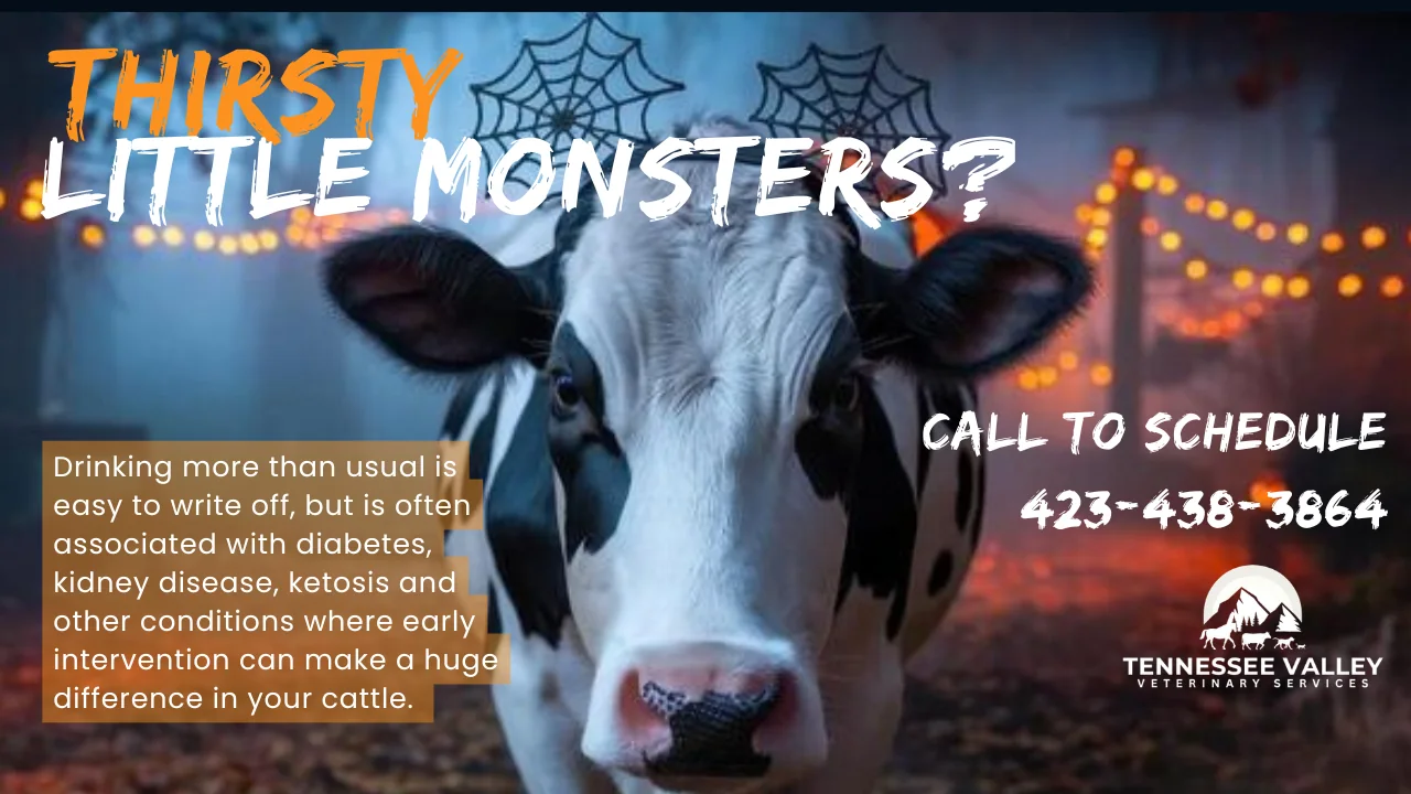 Halloween graphic of a black and white cow wearing spider web headband decorations in a lit-up fall barnyard, asking Thirsty little monsters, with a note that drinking more than usual is often associated with kidney disease, ketosis, and other conditions, and a phone number to call to schedule
